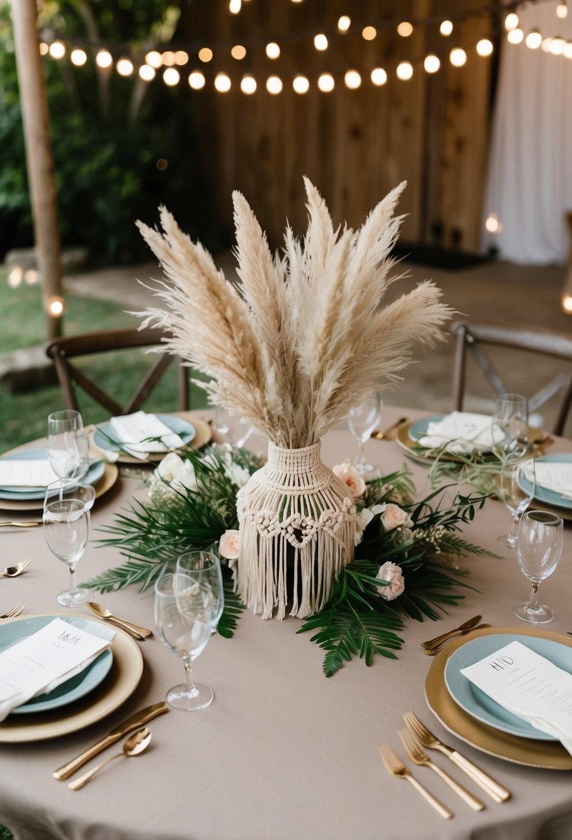 A round table adorned with boho-chic macramé and pampas grass centerpiece, creating a rustic and elegant wedding ambiance