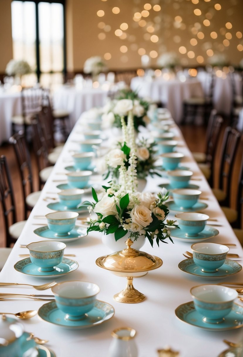 A table adorned with Chinese porcelain tea sets, arranged as elegant wedding decorations