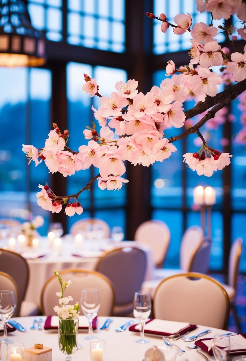 A cherry blossom branch adorns an elegant Asian wedding table