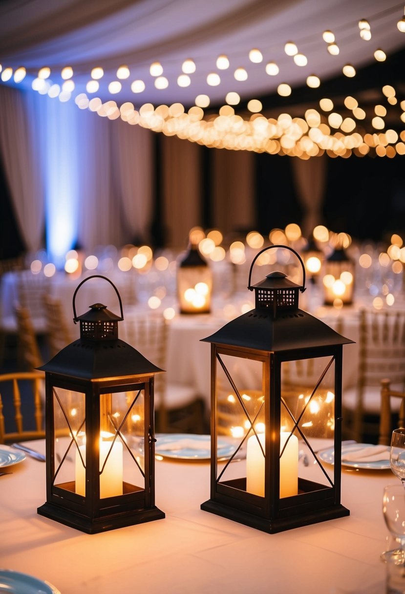 Vintage lanterns with fairy lights illuminate round wedding tables