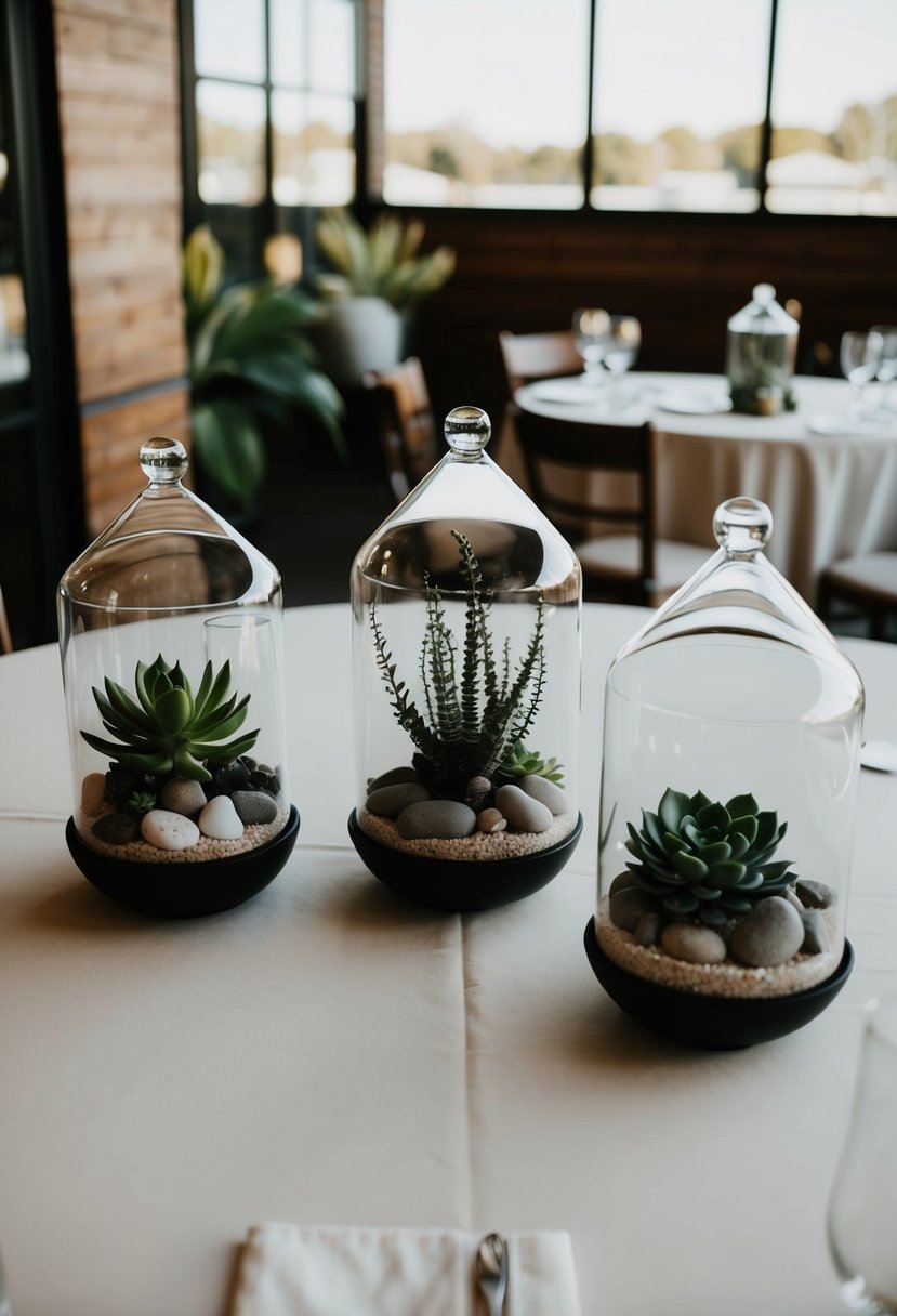 A round table with 3 glass terrariums, each containing a variety of succulents and decorative stones, serving as minimalist wedding centerpieces