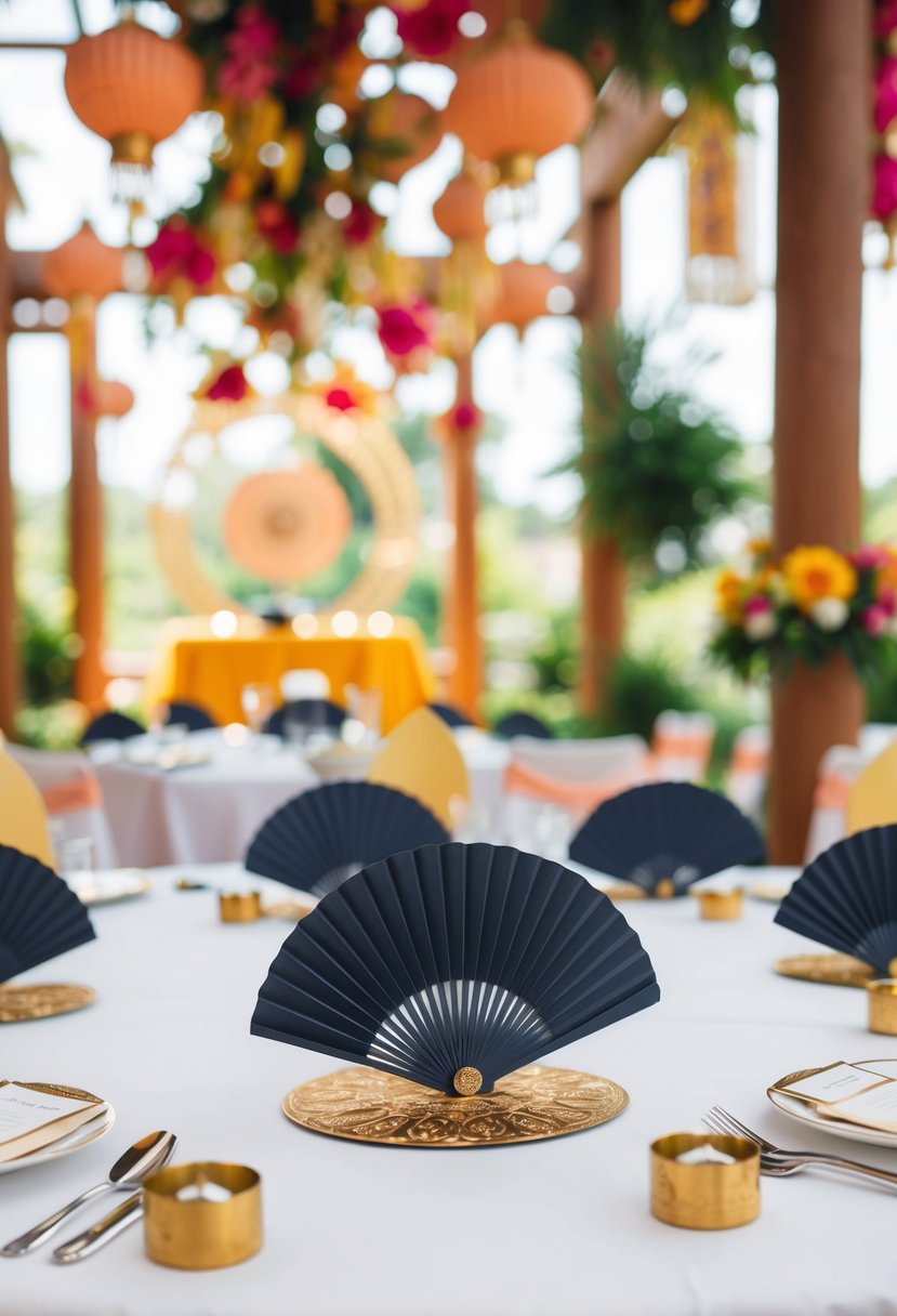 A table set with elegant fan-shaped menu cards amidst traditional Asian wedding decorations