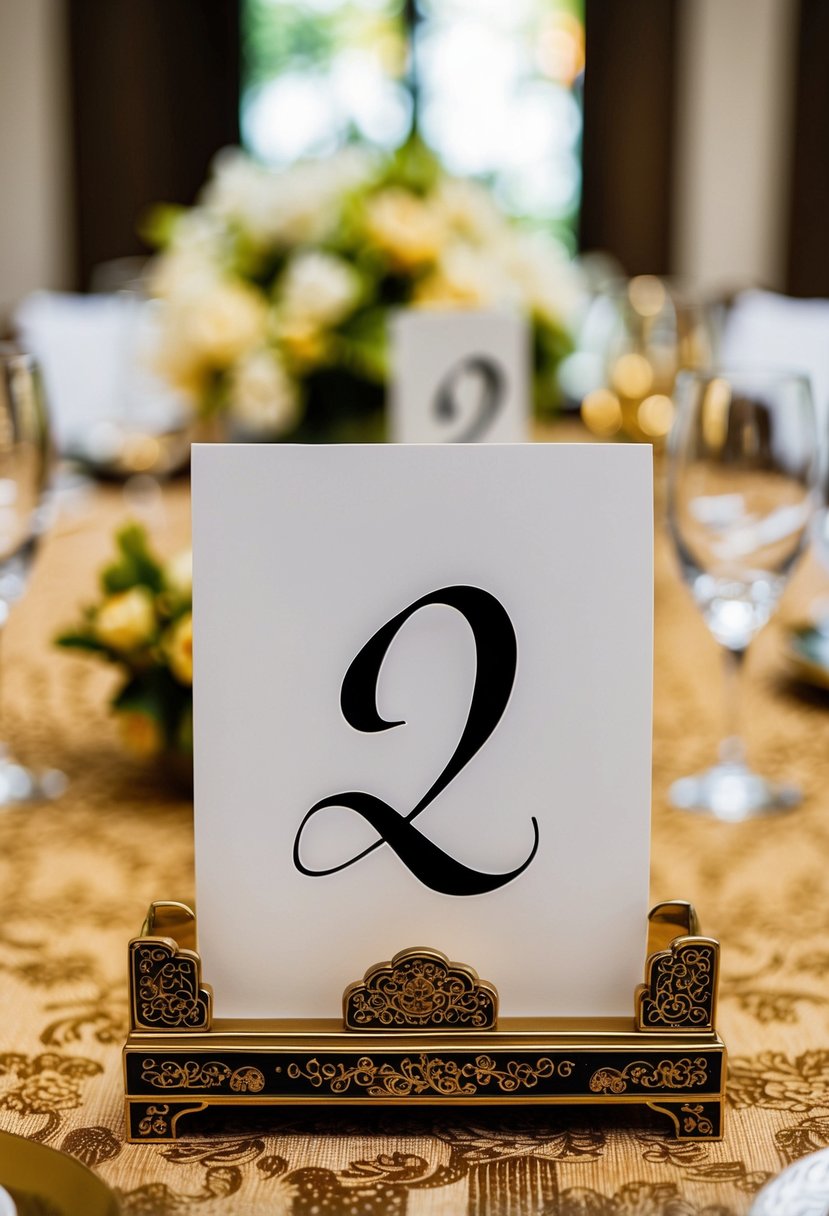 Elegant calligraphy table numbers displayed on ornate Asian-inspired wedding table settings