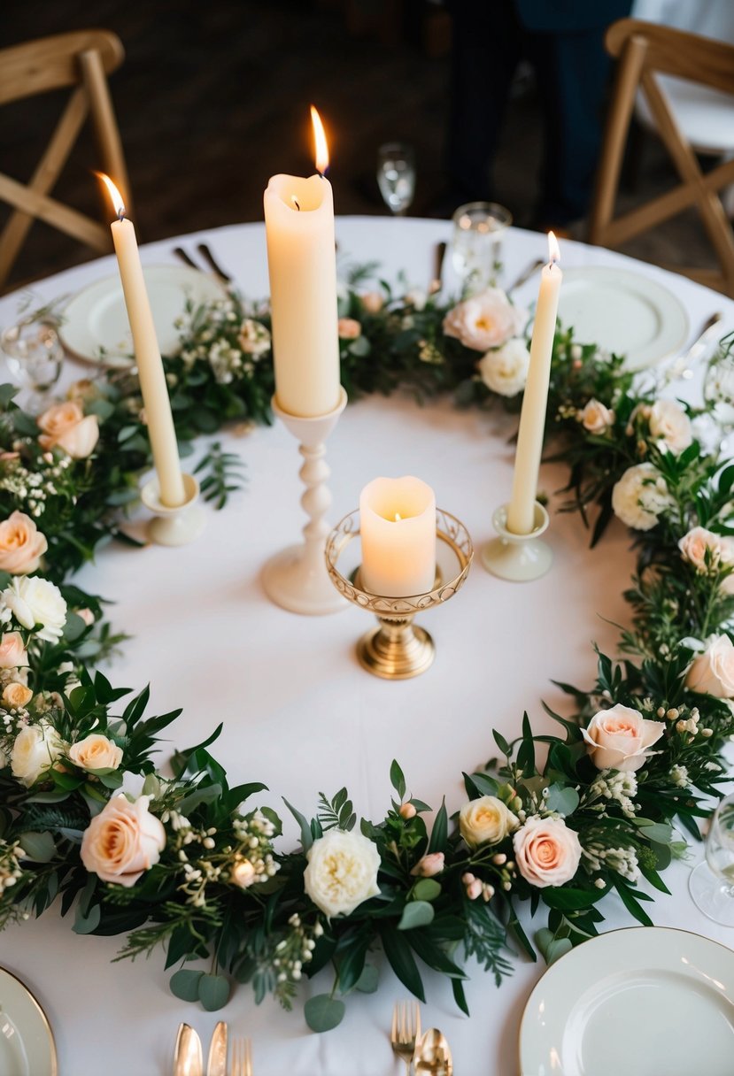 A round table adorned with floral wreaths and candles, creating a romantic wedding centerpiece