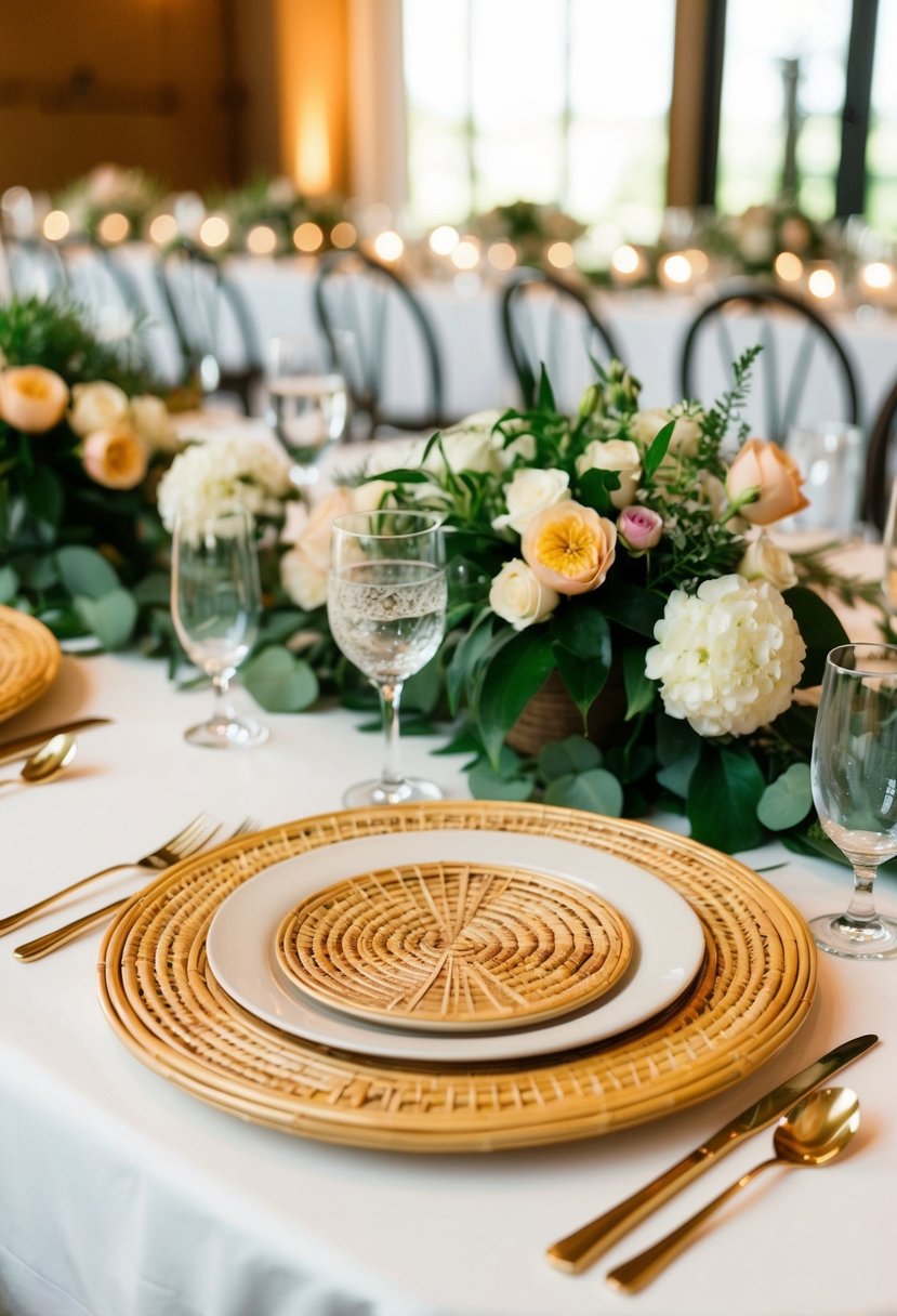 Rattan chargers and plates arranged with floral centerpieces on a wedding reception table