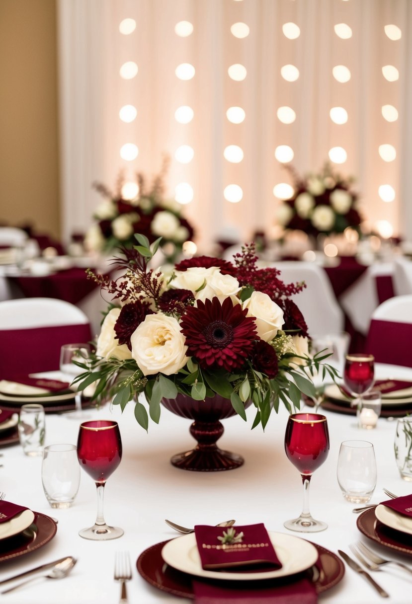 A round table adorned with burgundy and cream floral centerpieces