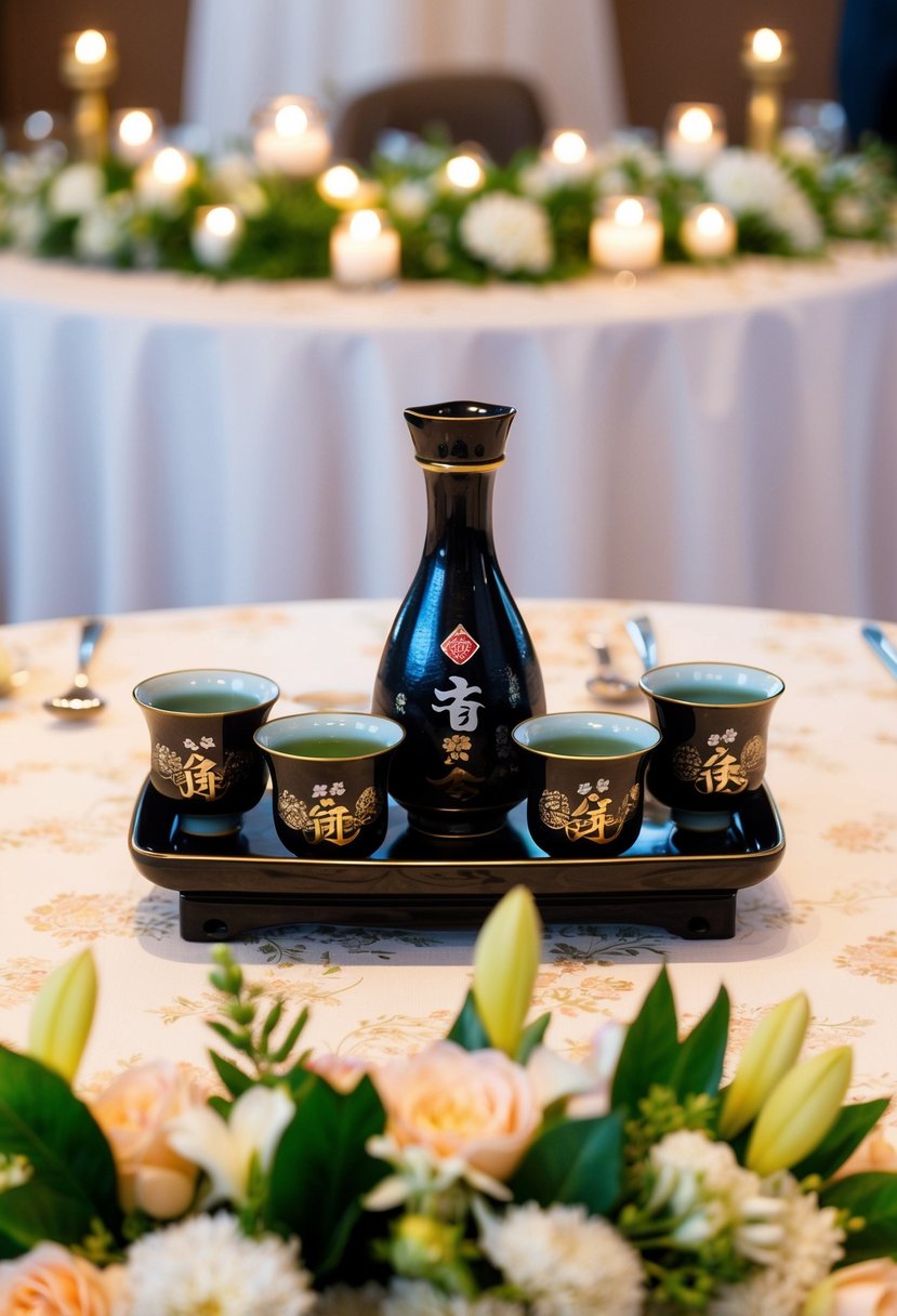 A traditional sake set arranged on a decorated wedding table, with delicate floral and oriental motifs