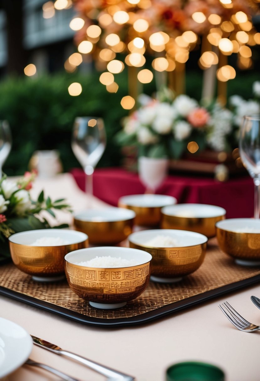 A table set with custom engraved rice bowls and Asian wedding decorations