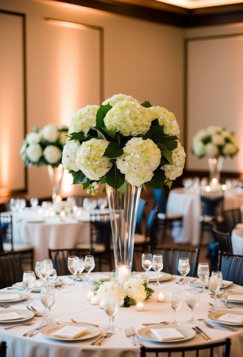 Tall centerpieces of hydrangeas adorn round tables at a wedding reception