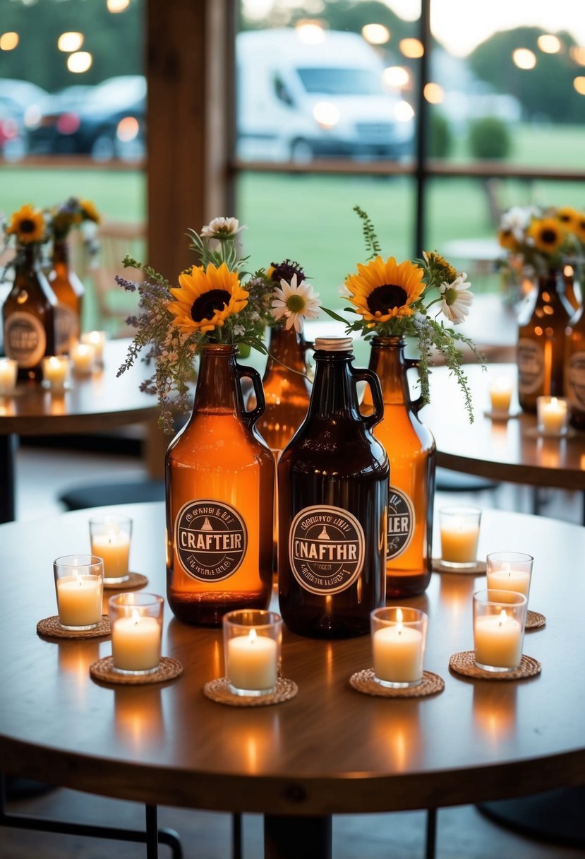 Craft beer growlers arranged as vases with wildflowers, surrounded by votive candles on round tables