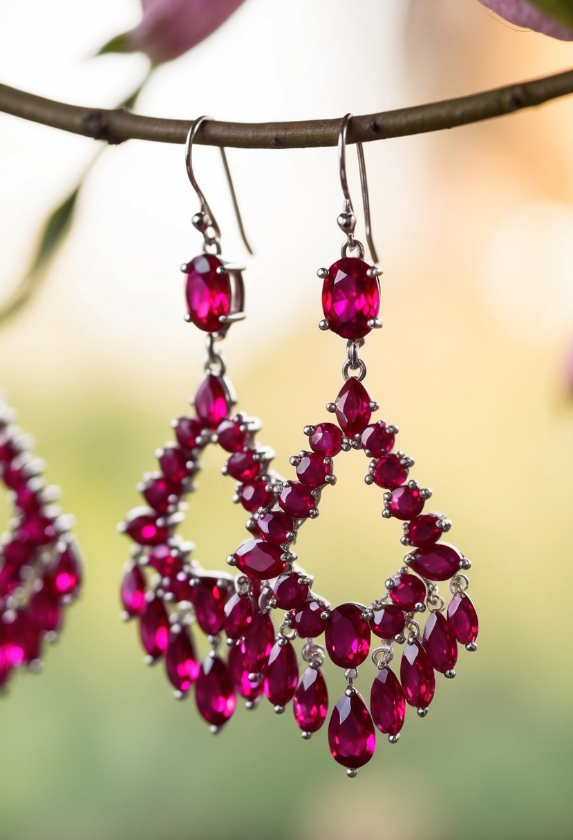 A close-up of elegant ruby chandelier earrings hanging against a soft, romantic background