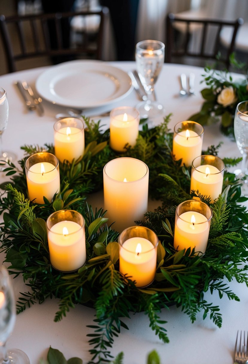 A cluster of lush greenery and flickering votive candles arranged in a circular centerpiece for a wedding table