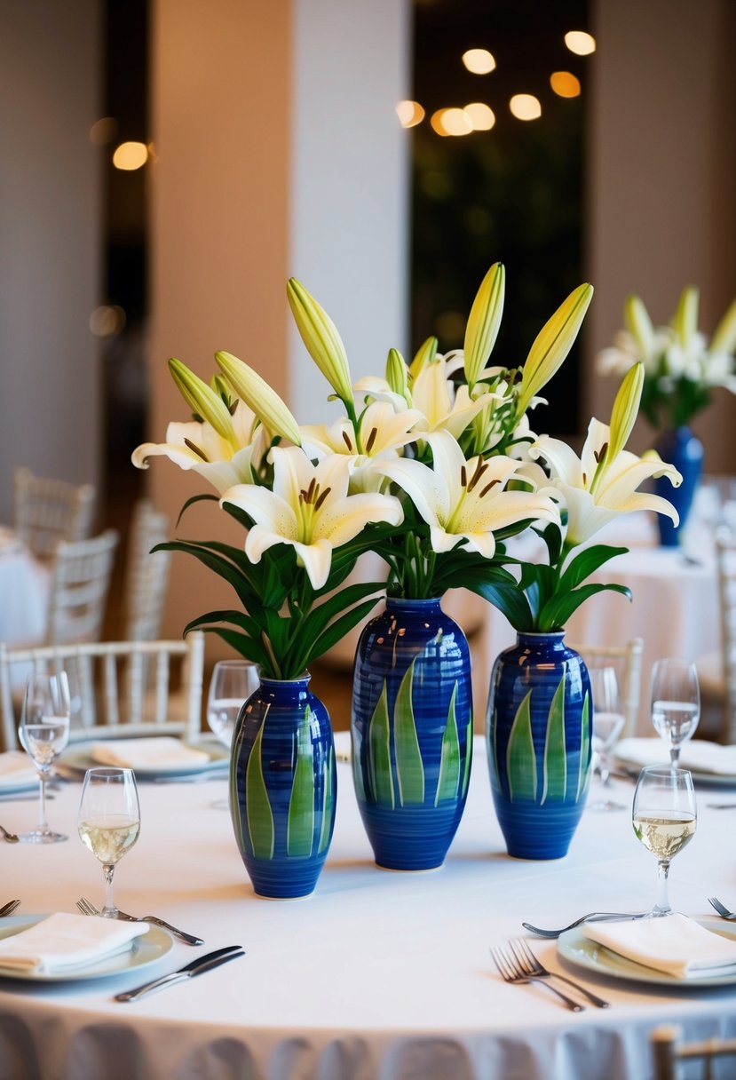 A round table adorned with handcrafted ceramic vases filled with lilies, creating a stunning wedding centerpiece