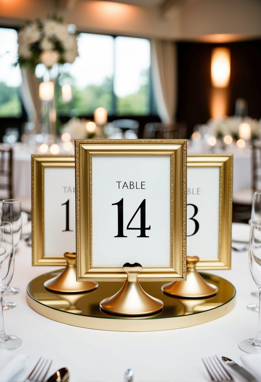 Gilded frames with table numbers arranged as wedding centerpieces for round tables