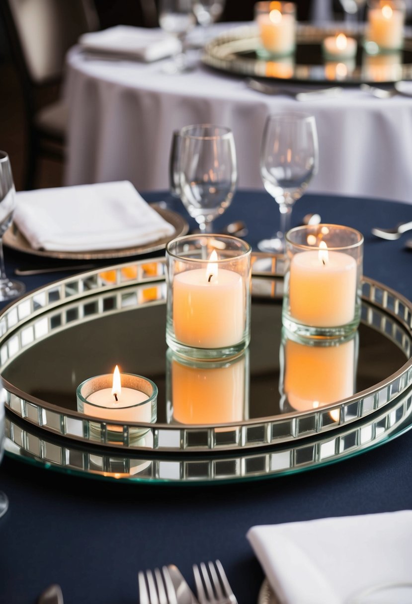 Round table with mirrored trays, each holding a floating candle centerpiece, reflecting the soft glow of the flames