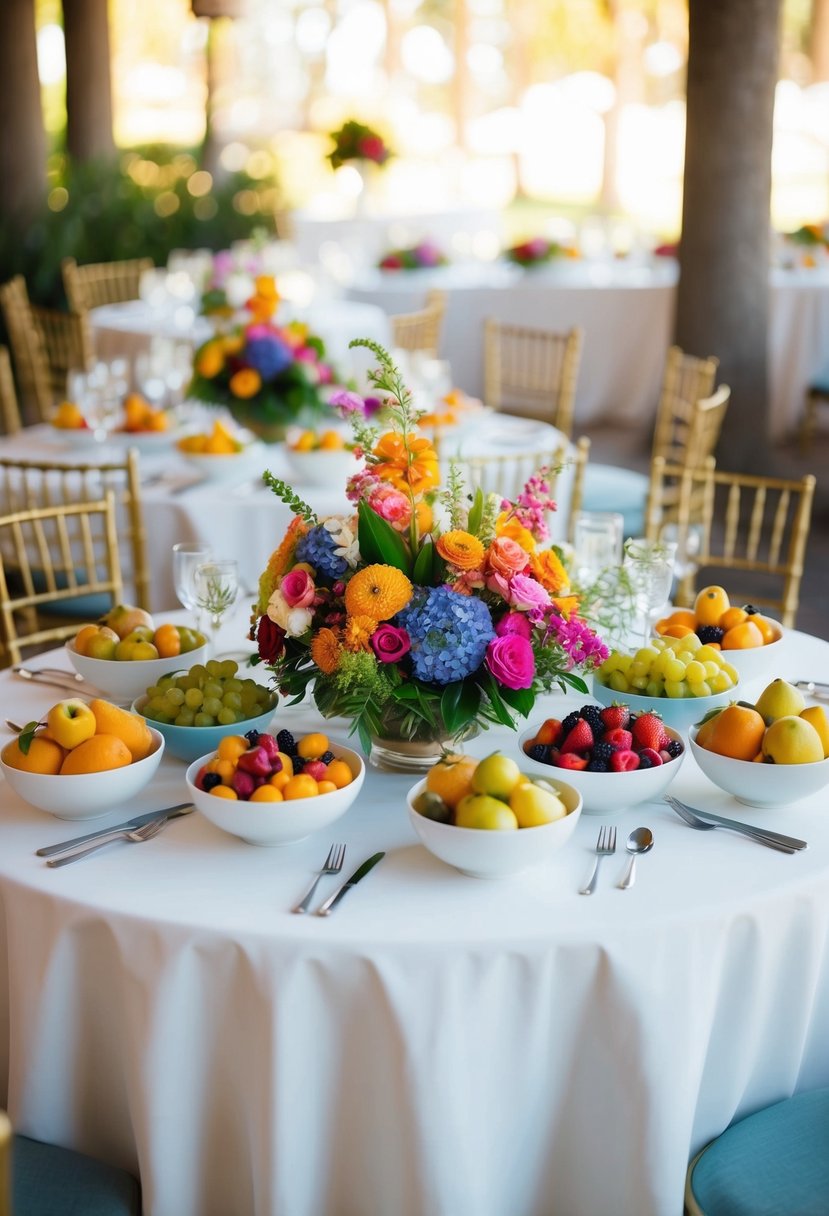 A round table adorned with bowls of mixed fruits and flowers, creating a vibrant and colorful wedding centerpiece