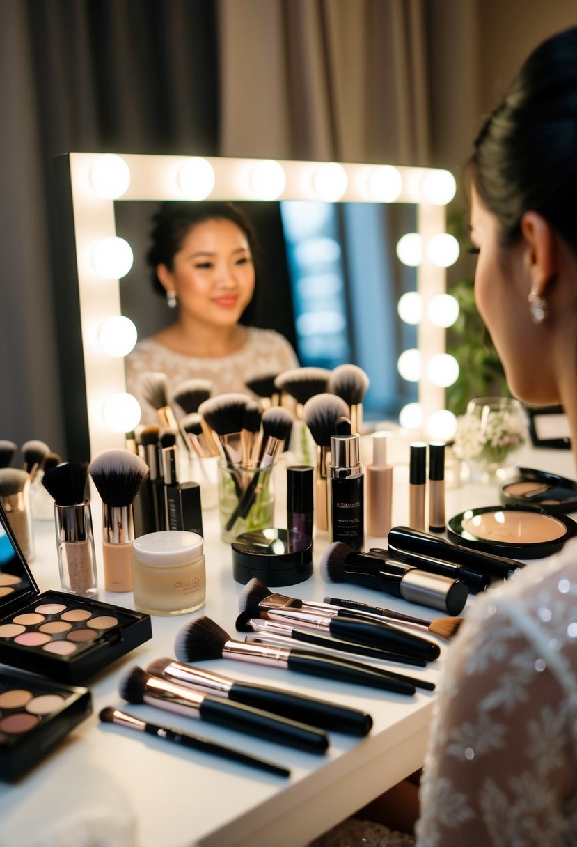 A table with various makeup products and brushes arranged neatly, with a mirror and soft lighting for a wedding guest to create their perfect look