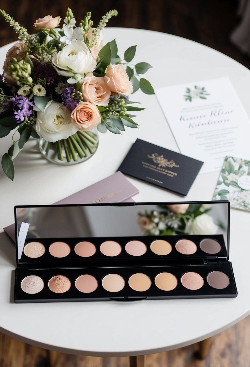 A palette of soft neutral eyeshadows arranged on a white table with a bouquet of flowers and a wedding invitation nearby