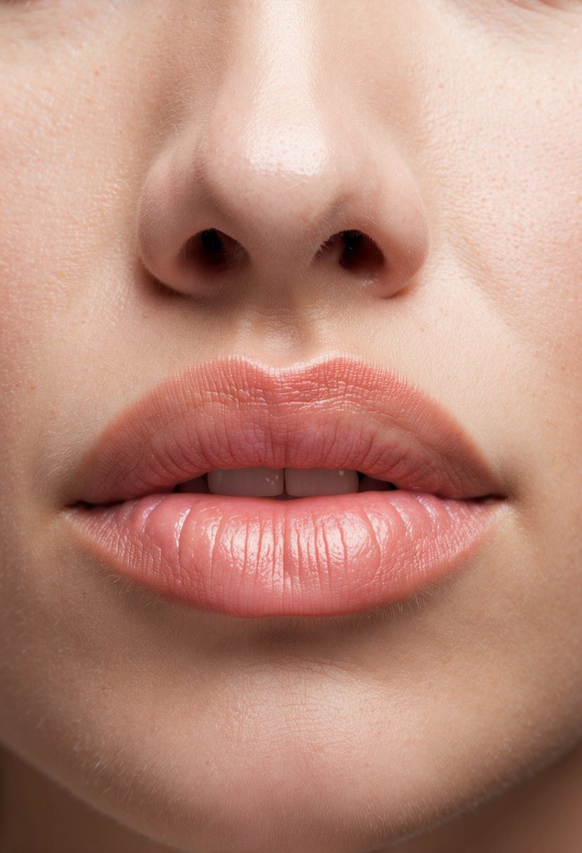 A close-up of natural-looking lips with a soft, rosy lip color, complemented by a subtle sheen