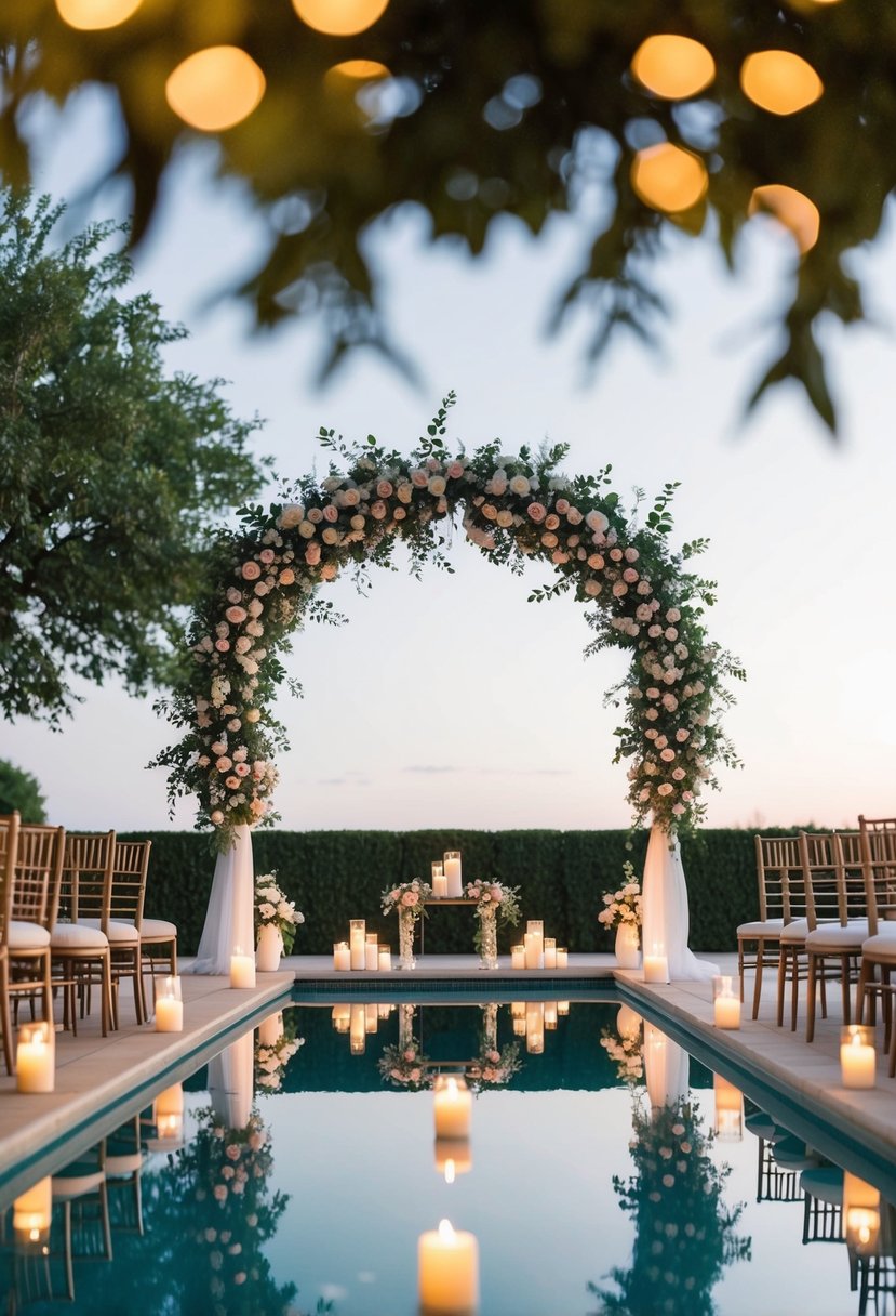 A serene poolside wedding: floral arch, floating candles, twinkling lights, and elegant seating arrangements