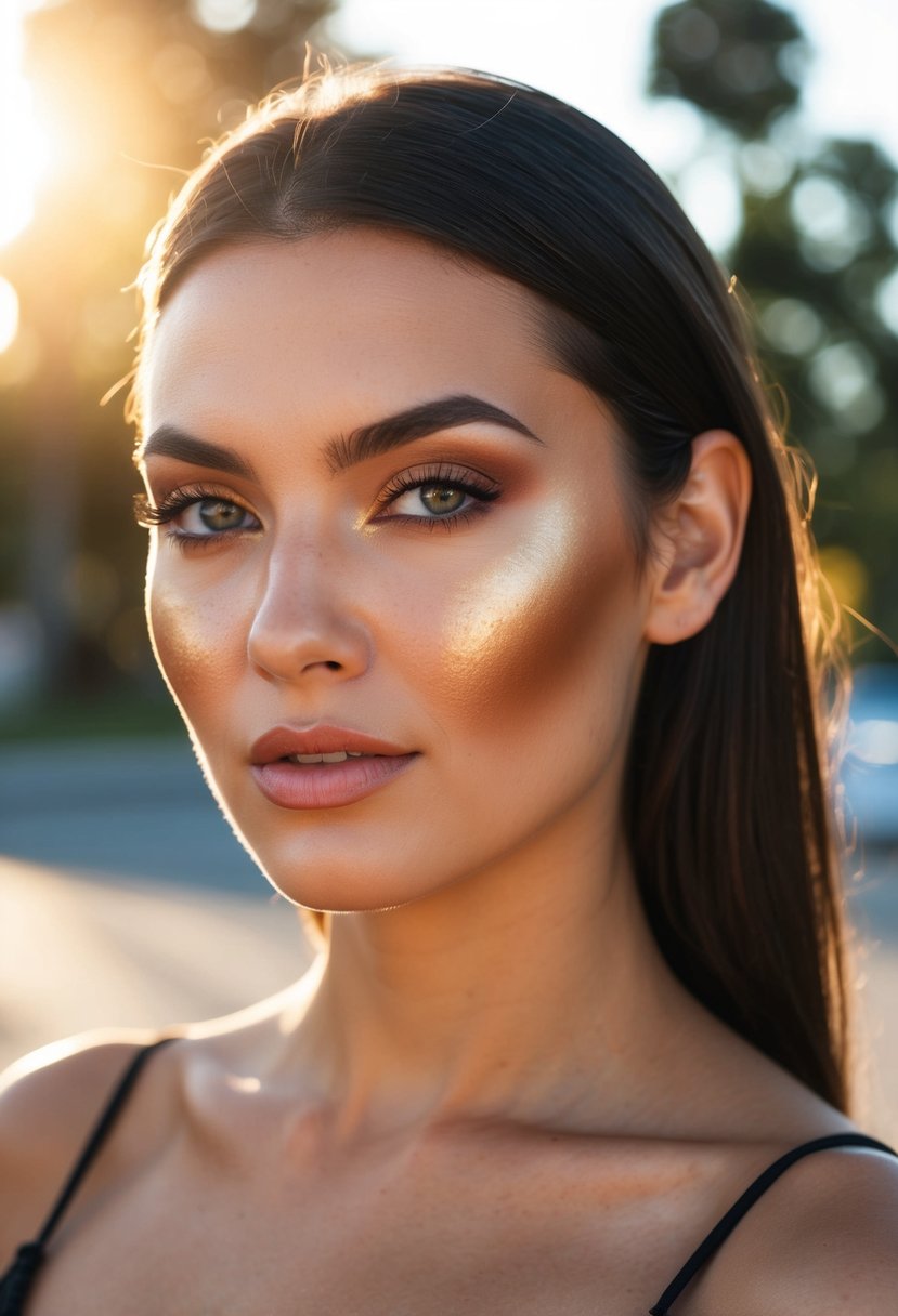 Sunlight highlighting bronzed and contoured cheeks