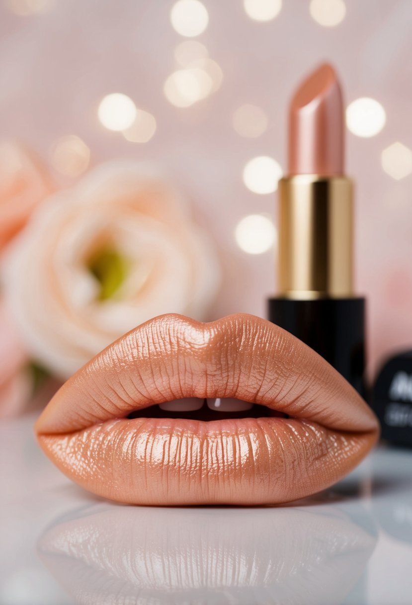 A pair of shimmery peachy lips with a subtle gloss, against a soft and romantic background