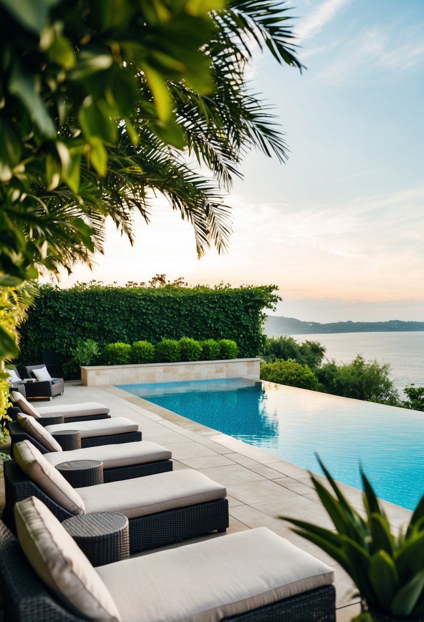 A poolside lounge area with cozy seating, surrounded by lush greenery and overlooking the sparkling water