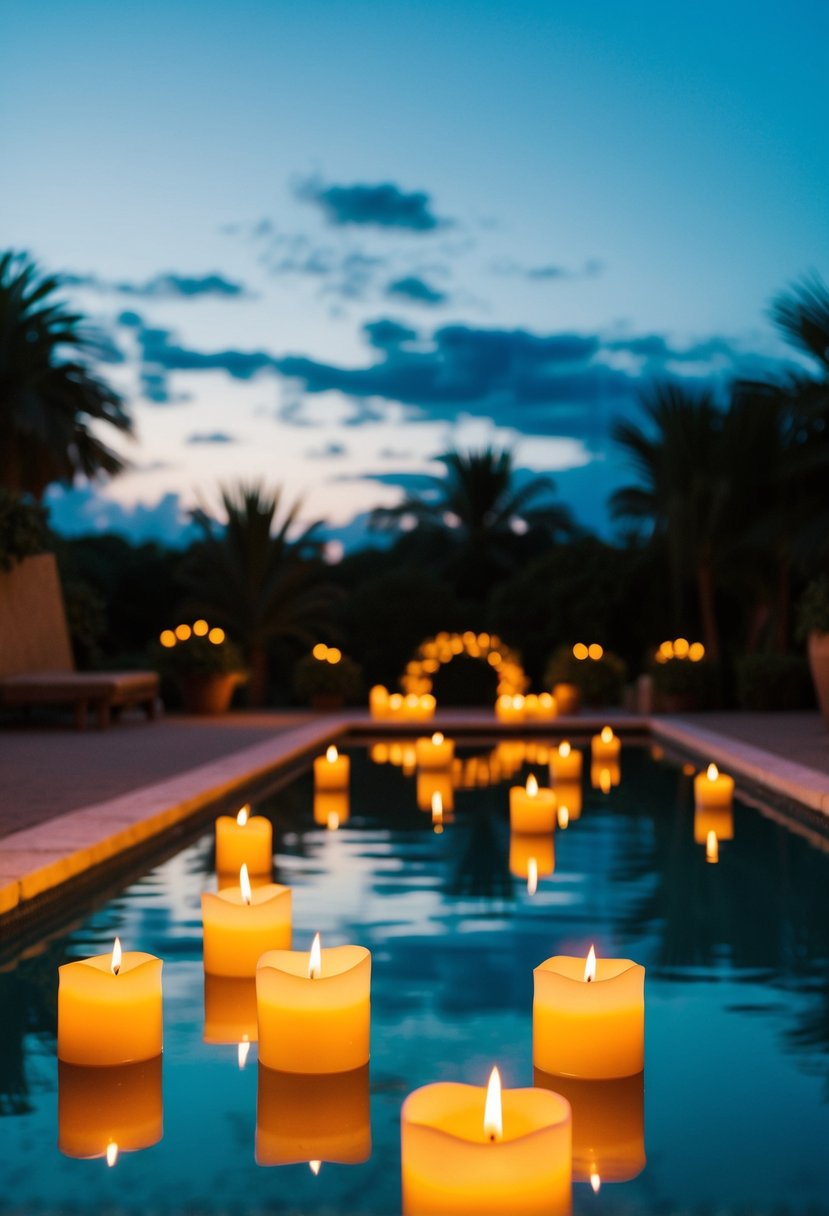 Floating candles illuminate a tranquil pool at dusk, casting a warm and romantic glow for a wedding celebration