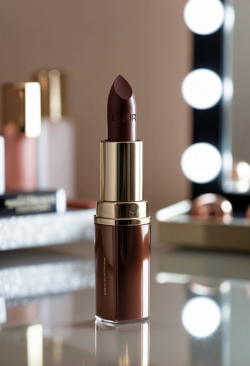 A sleek, elegant brown lipstick displayed on a vanity table with soft lighting