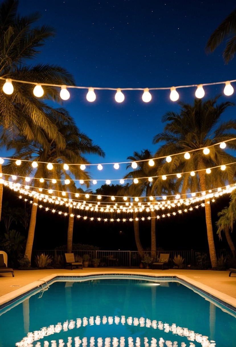 String lights crisscross over a pool, casting a warm glow on the water's surface. Surrounding palm trees and twinkling stars add to the magical ambiance