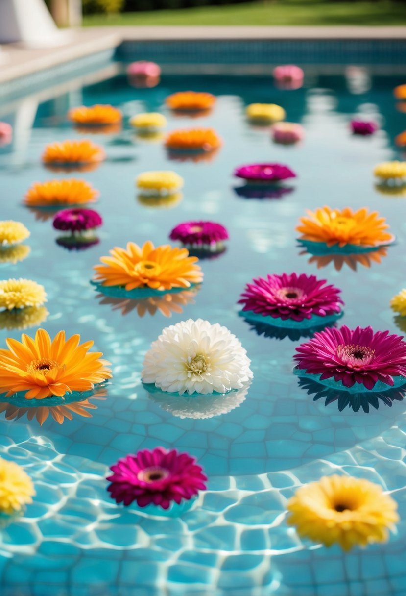 Colorful flower arrangements floating in the crystal-clear pool, adding an elegant touch to a romantic wedding setting