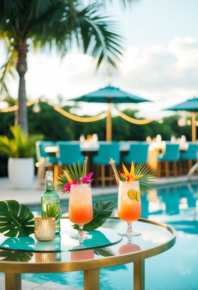 A poolside bar with tropical cocktails and wedding decor