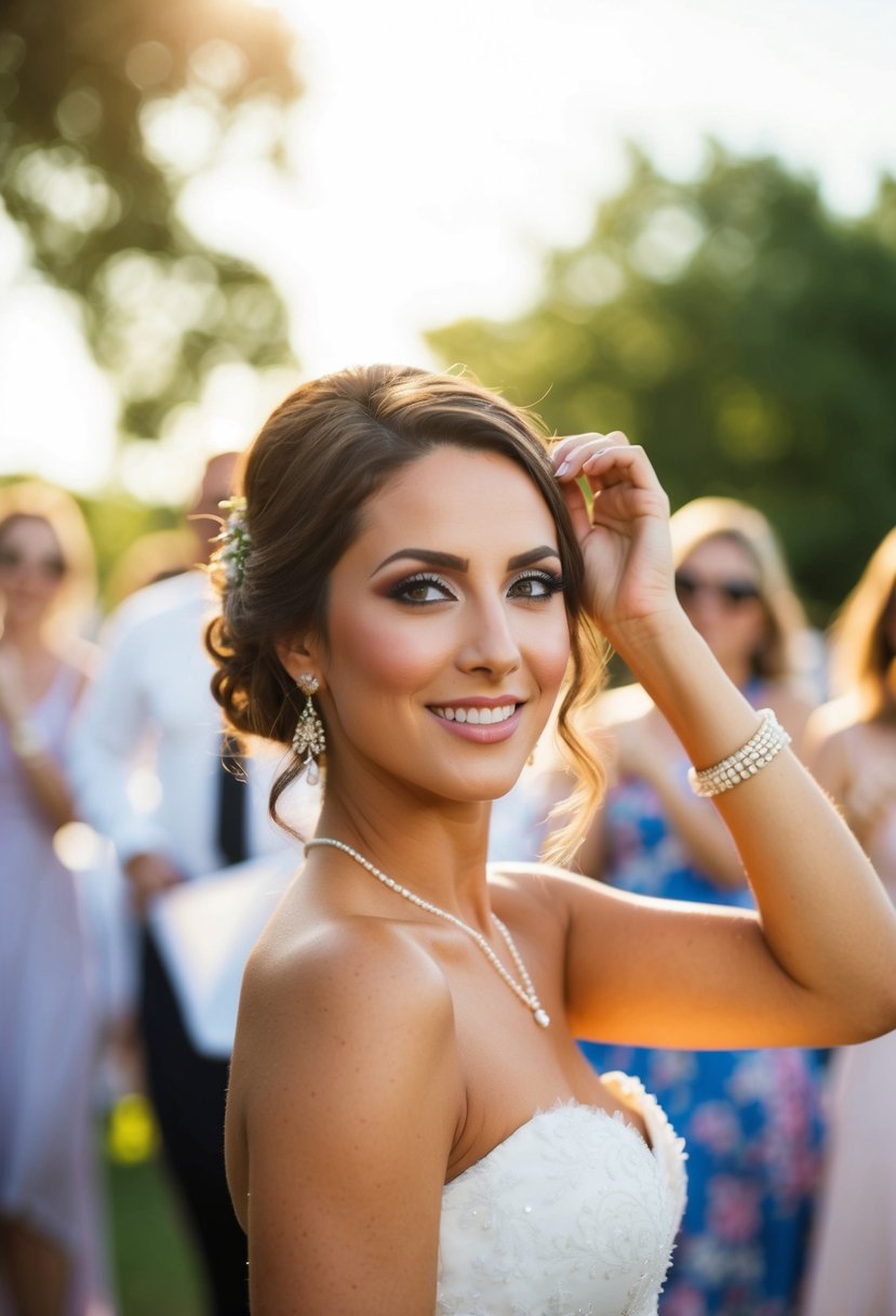 A woman dancing under the sun at an outdoor wedding, her eye makeup perfectly intact despite the heat