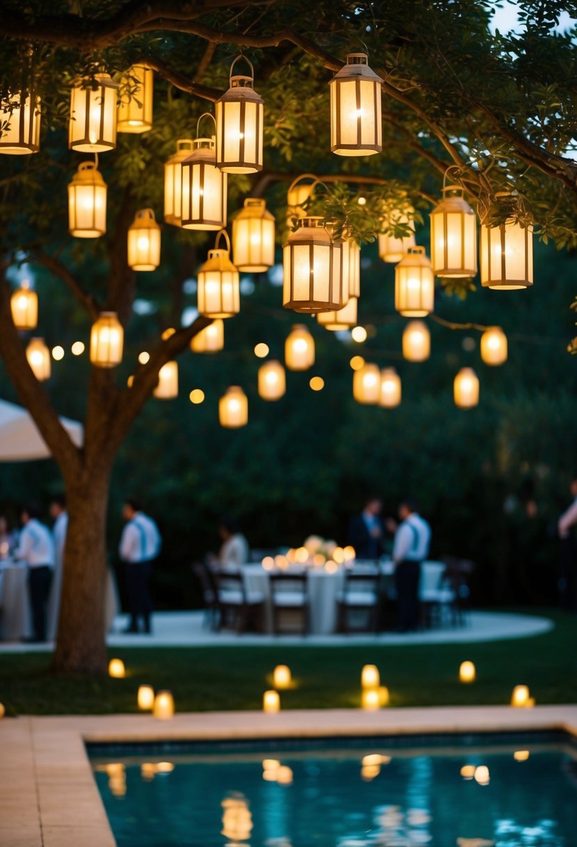 Lanterns hang from trees around a pool, casting a warm glow over a wedding reception