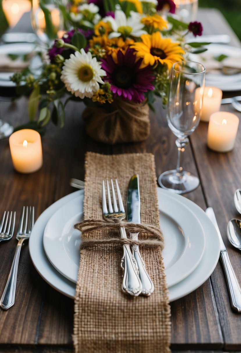 Twine-wrapped silverware arranged on a wooden table with wildflower centerpieces and candlelight