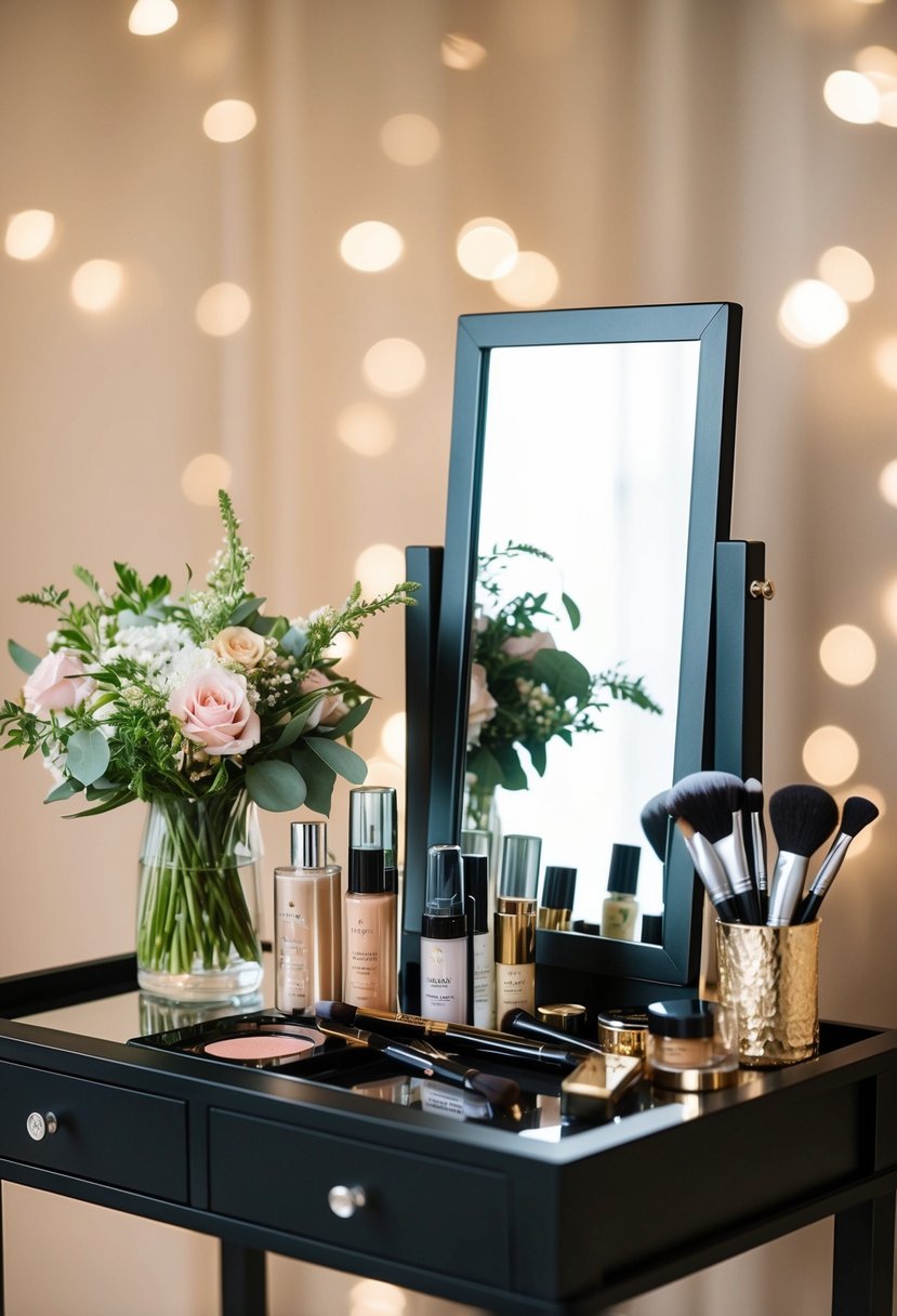 A makeup table with various products and brushes, a mirror, and a bouquet of flowers for a quick wedding guest look