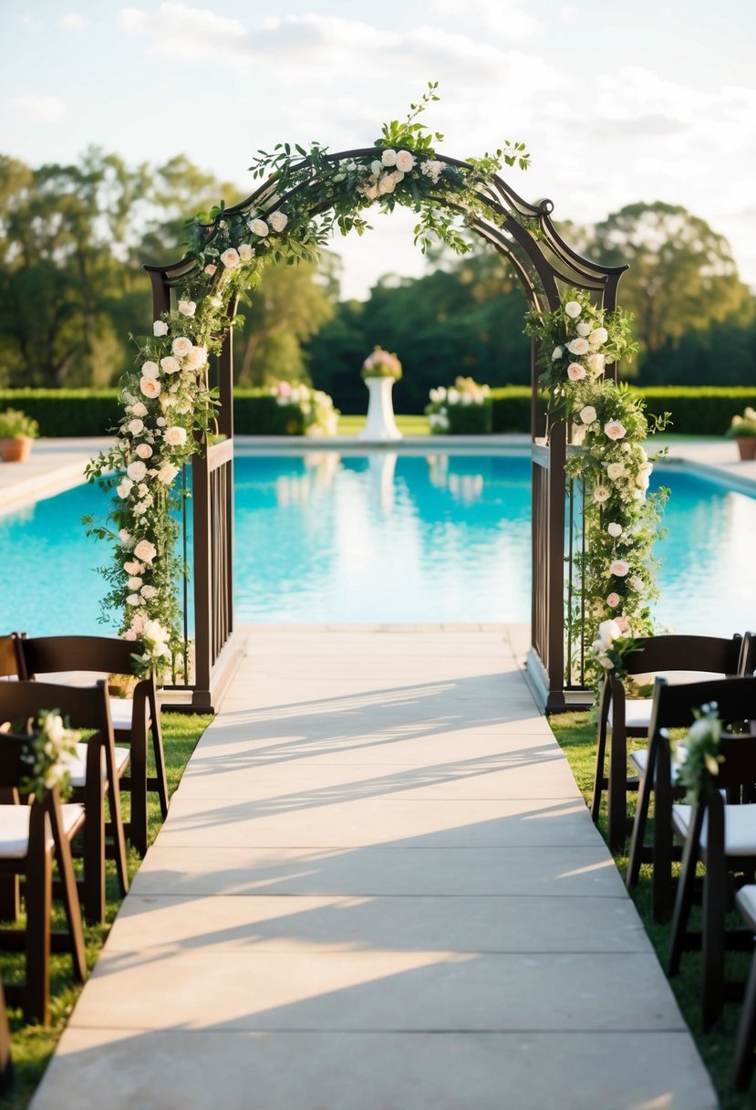 A decorative bridge spans the pool, serving as a unique entrance for a wedding ceremony