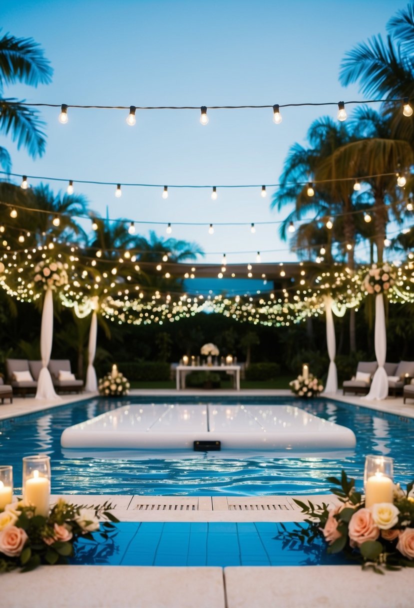 A pool wedding with a floating dance floor, surrounded by twinkling lights and floral decorations