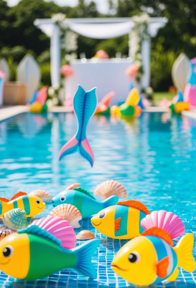 Colorful floats of tropical fish, seashells, and mermaids decorate the pool for a fun touch at the wedding