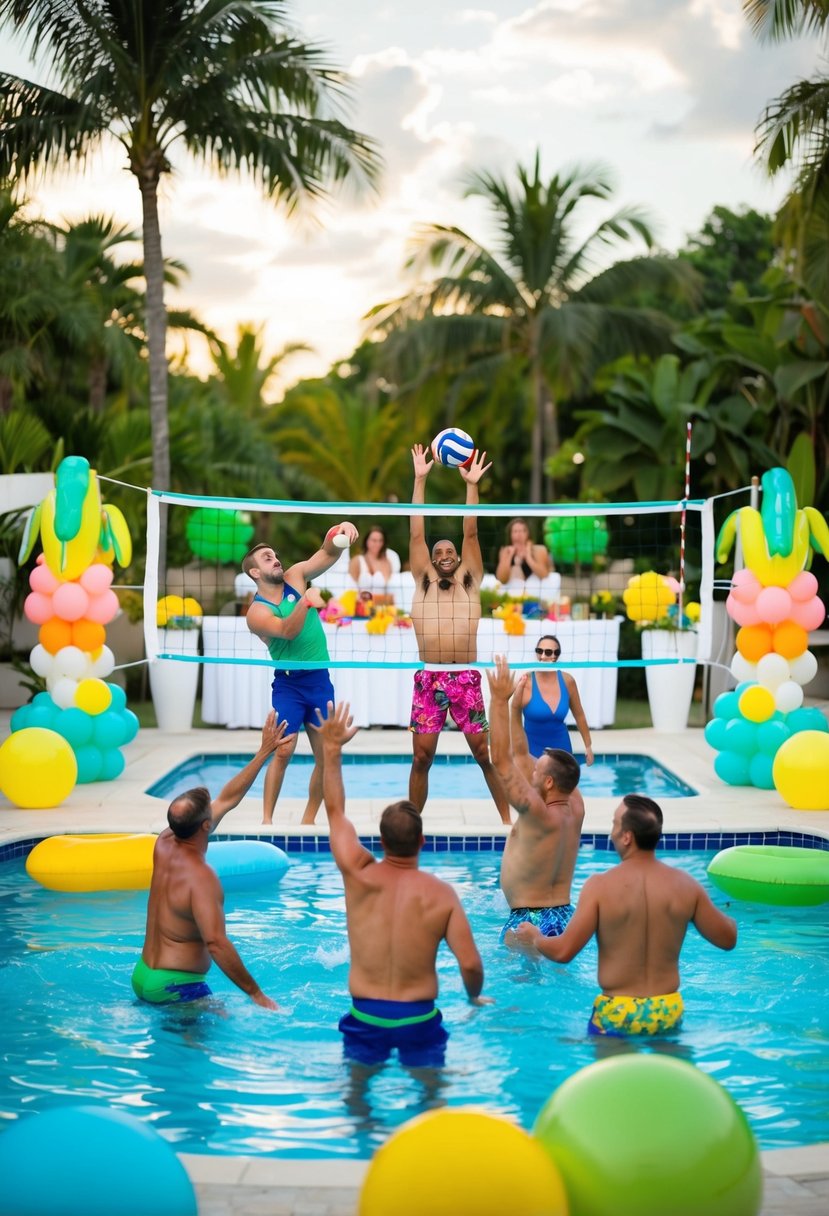 A group of adults play volleyball in a pool at a wedding, with colorful floats and tropical decor surrounding the area