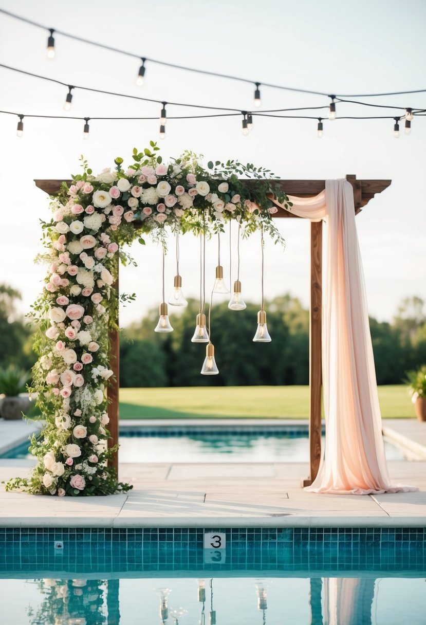 A poolside wedding scene with floral arch, hanging lights, and flowing drapes