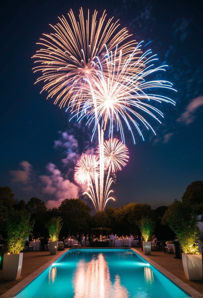 A vibrant fireworks display illuminates the night sky above a sparkling pool at a wedding celebration