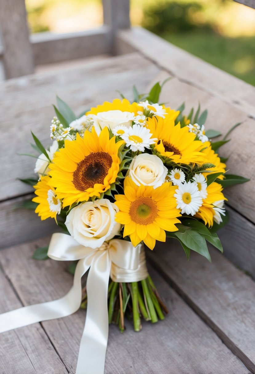 A bright yellow and white wedding bouquet with sunflowers, roses, and daisies, tied with a satin ribbon