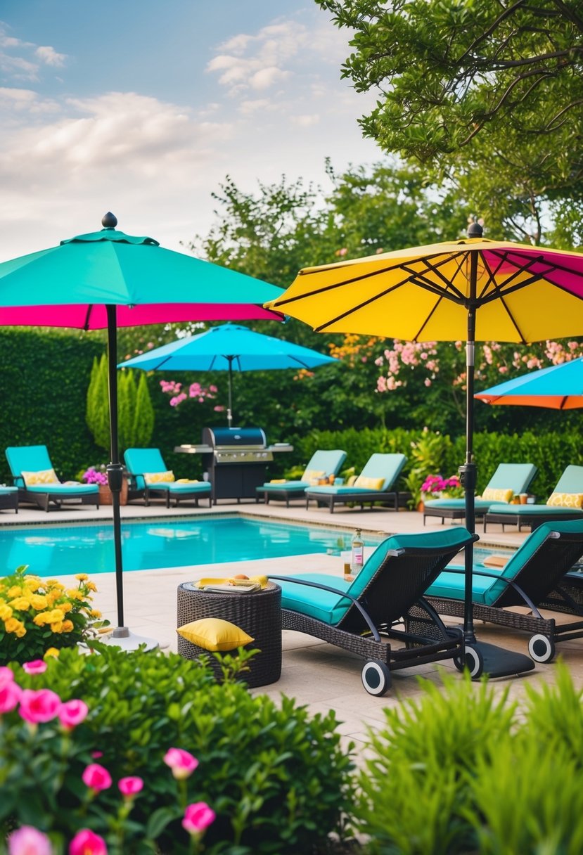 A poolside BBQ with colorful umbrellas, lounge chairs, and a grill surrounded by lush greenery and blooming flowers