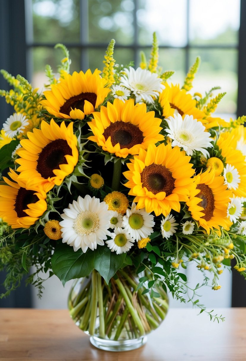 A vibrant bouquet of sunflowers and daisies, with pops of yellow and white, arranged in a lush and flowing style