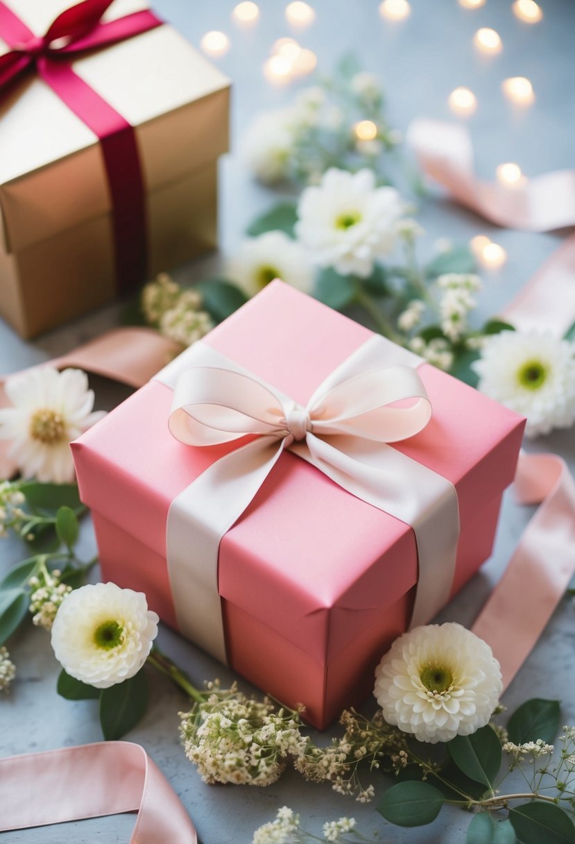 A beautifully wrapped gift box surrounded by delicate flowers and elegant ribbons