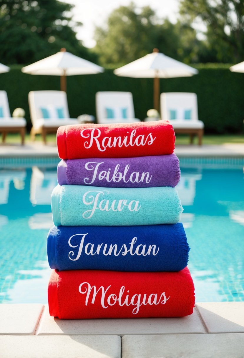 Colorful towels arranged by the pool, each personalized with the names of wedding guests