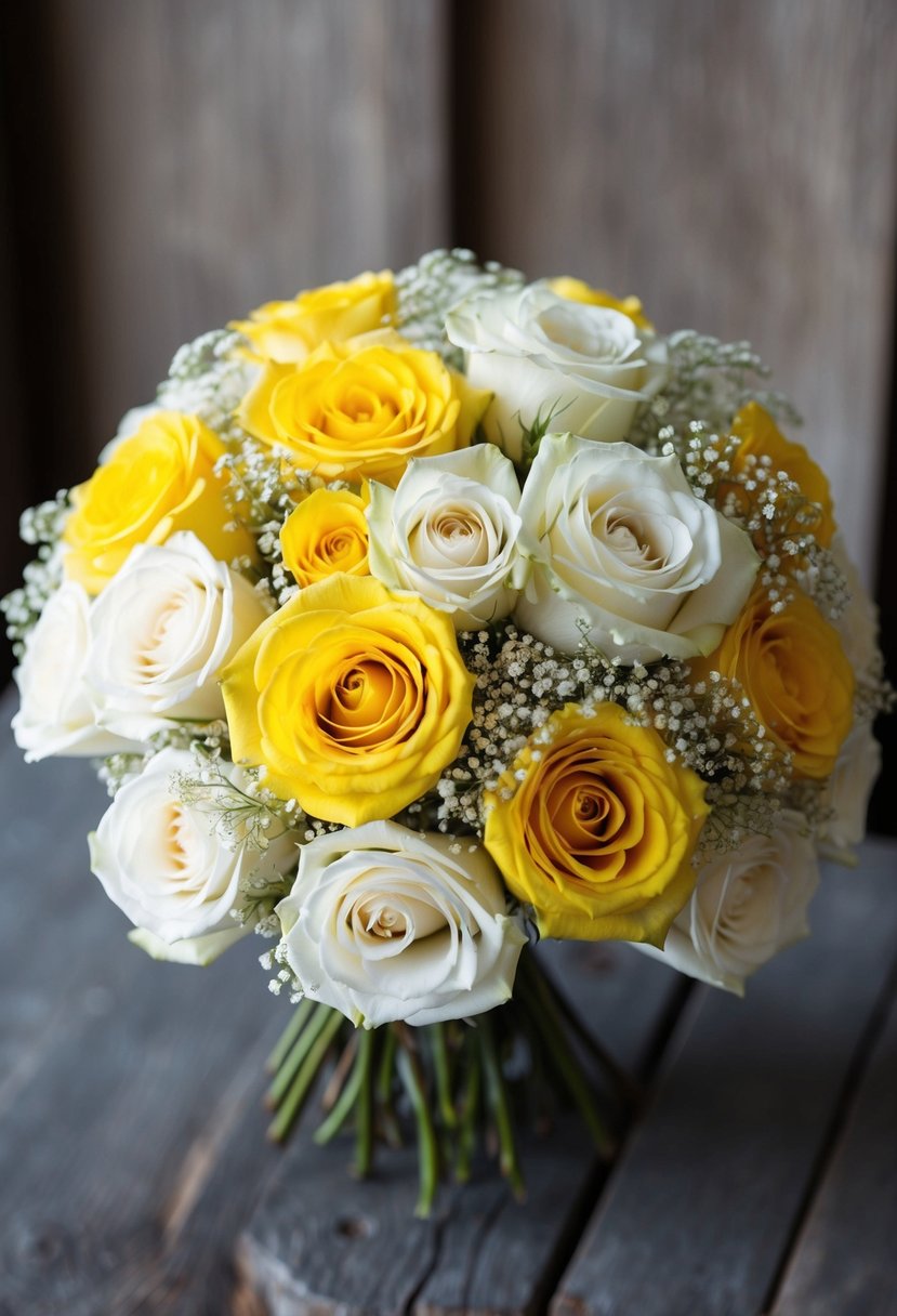 A bouquet of elegant yellow and white roses and baby's breath