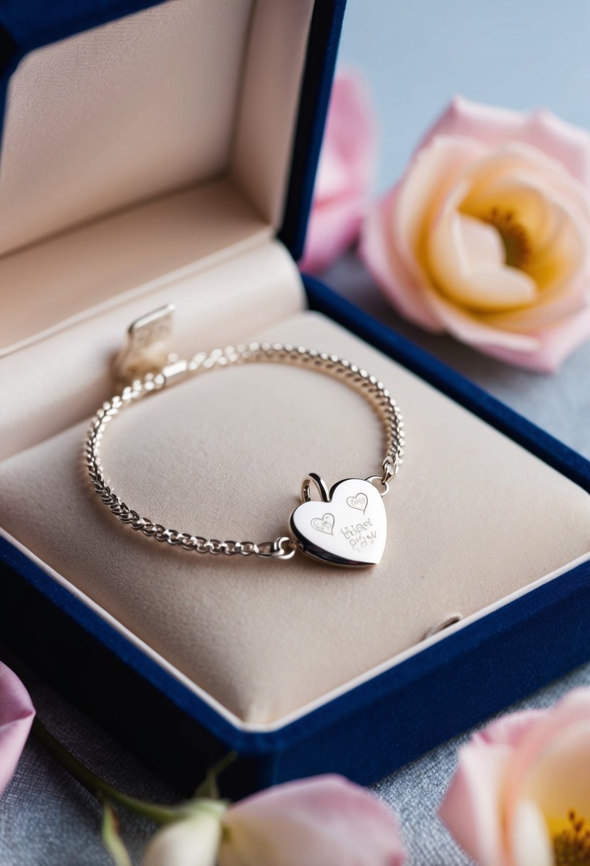 A delicate silver bracelet with an engraved heart charm, nestled in a velvet-lined jewelry box, surrounded by delicate rose petals