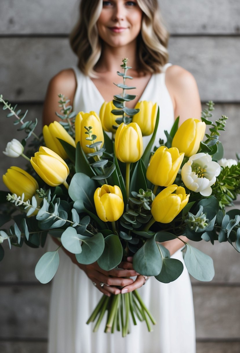 A rustic bouquet of yellow tulips and eucalyptus, with white accents, arranged in a loose and natural style